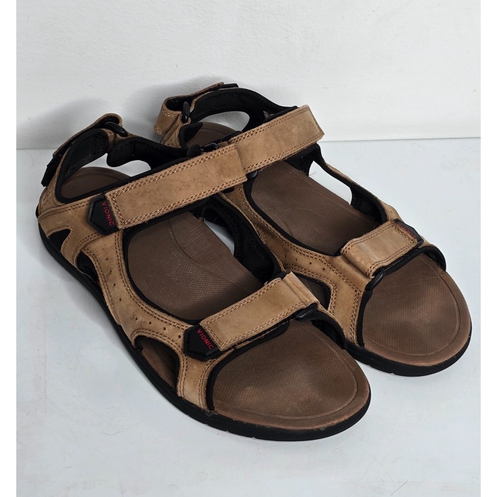 Vionic Neil Mens Size 9 Leather Orthotic Active Sandals Brown ASR1596 Strappy